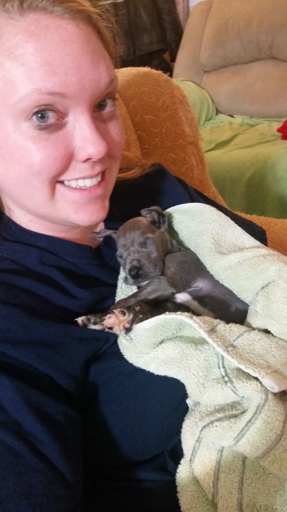 Five weeks old asleep in my arms.